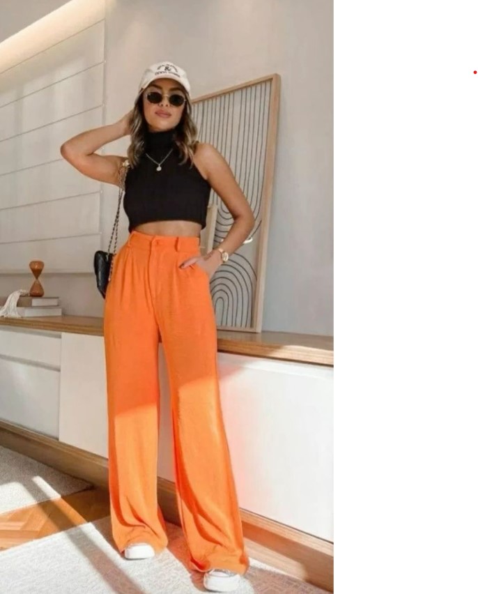 Calça wide leg laranja com cropped preto - ideias de looks de verão